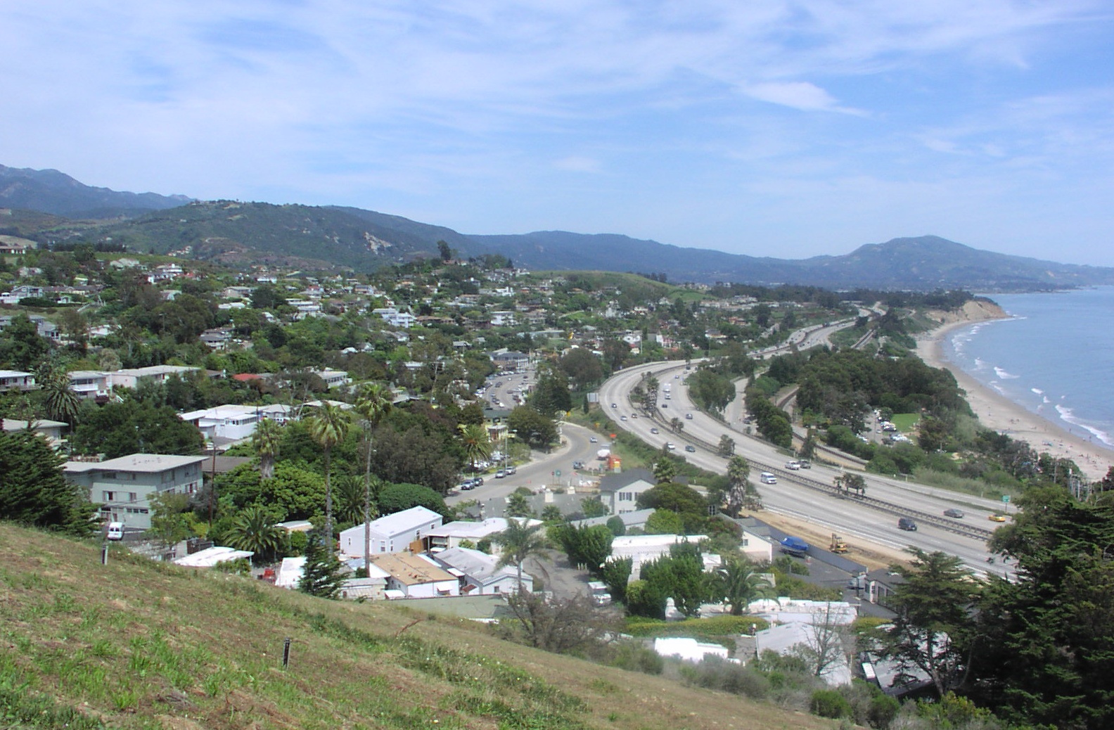 Summerland, California, seen from Ortega Hill, with the village, Highway 101 and the beach